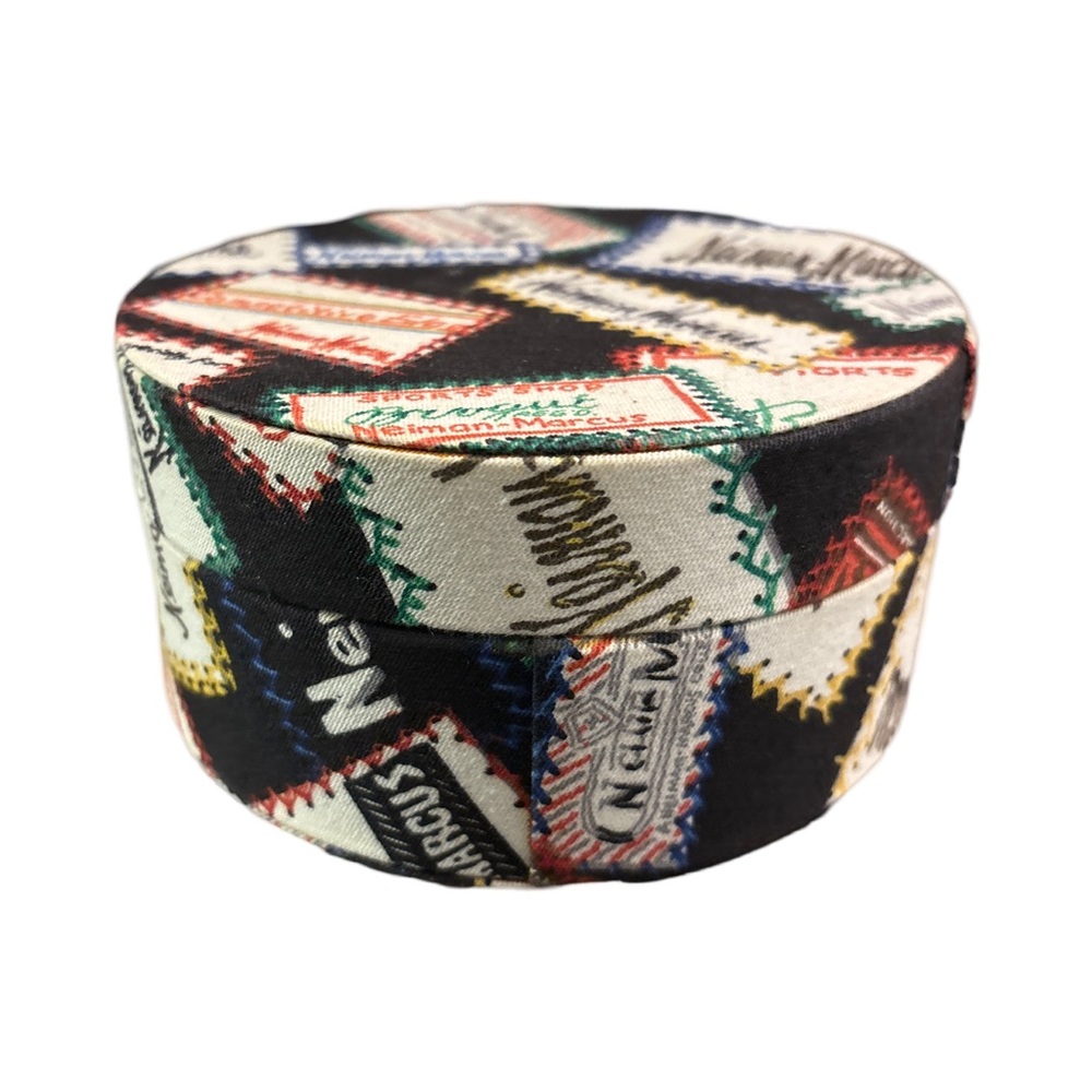 Neiman Marcus Logo Patterned Round Gift Jewelry Box Fabric Cardboard 5.25” x 2.5